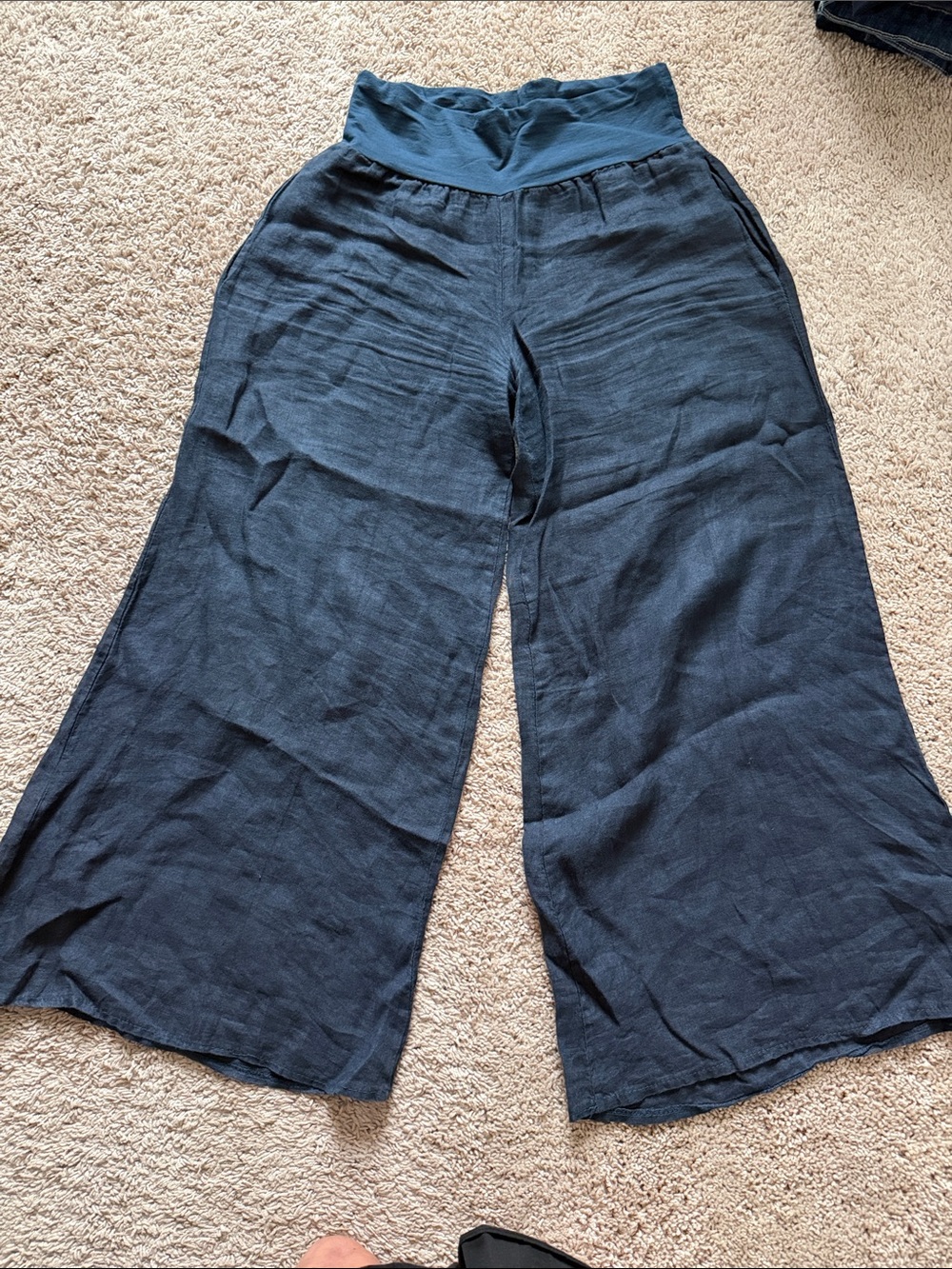 Wide Leg Linen-Blend Pants in Dark Navy